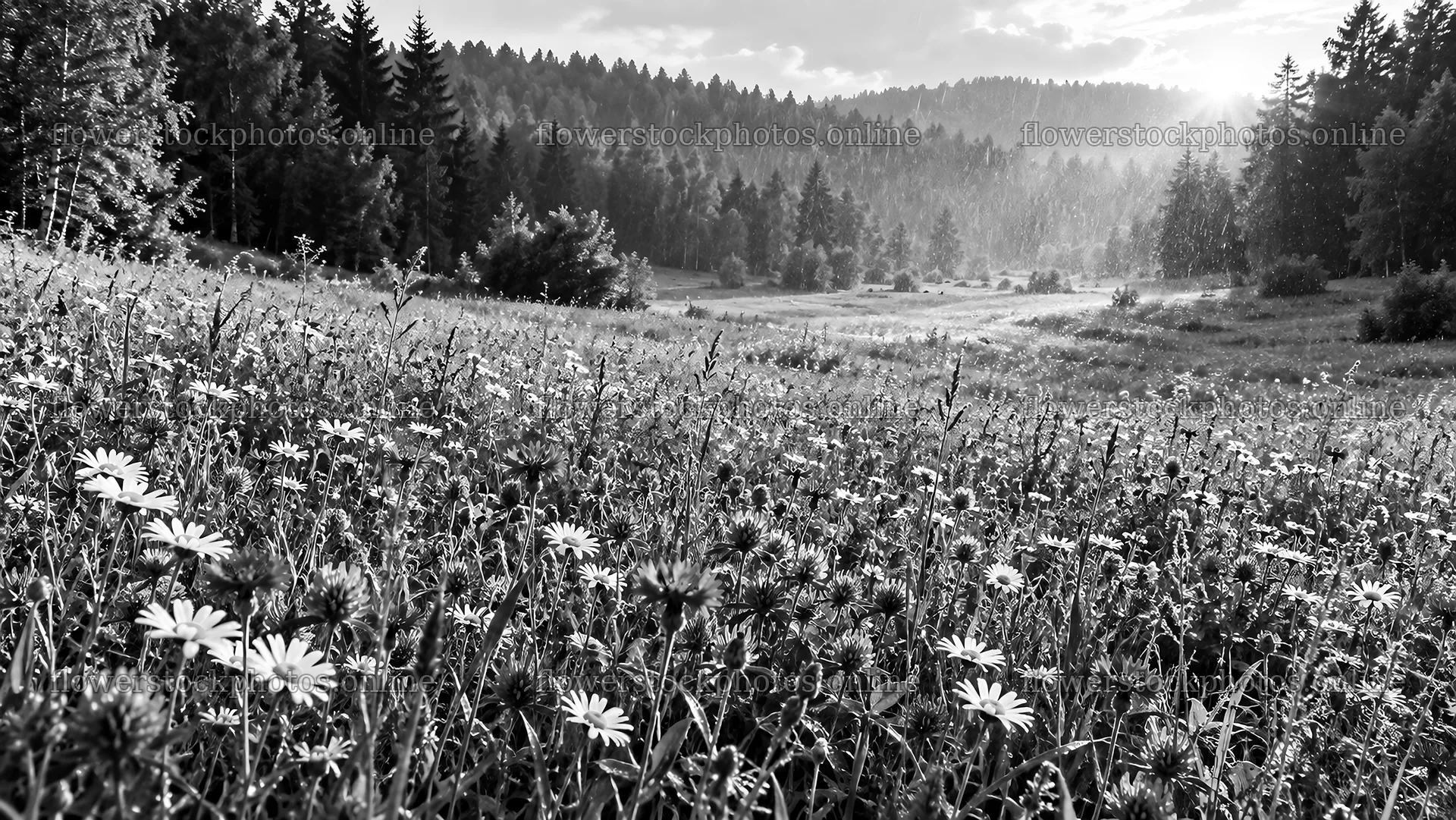 Forest Clearing with Rim-Lit Wildflowers – flower stock photos 10324x5812