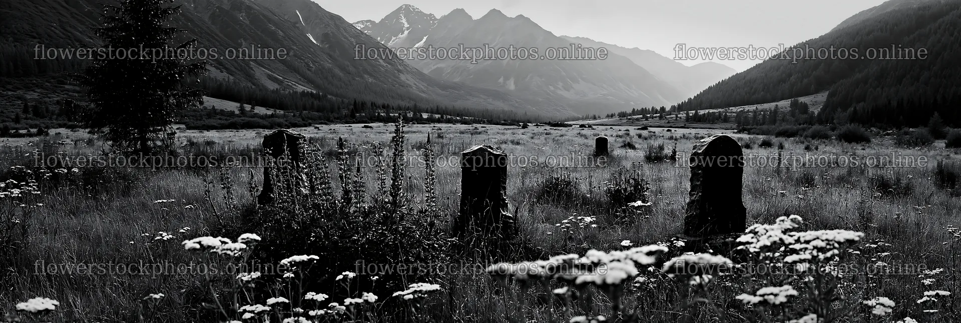 Christmas tree with baubles in mountain meadow setting – flower stock photos 13690x4602