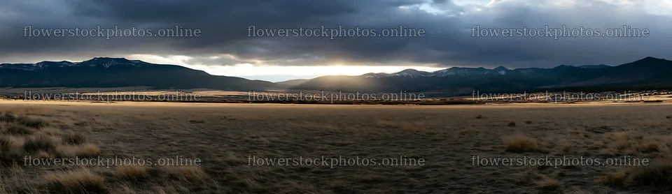 Sunrays over meadow with mountains under cloudy sky – flower stock photos 14762x4268