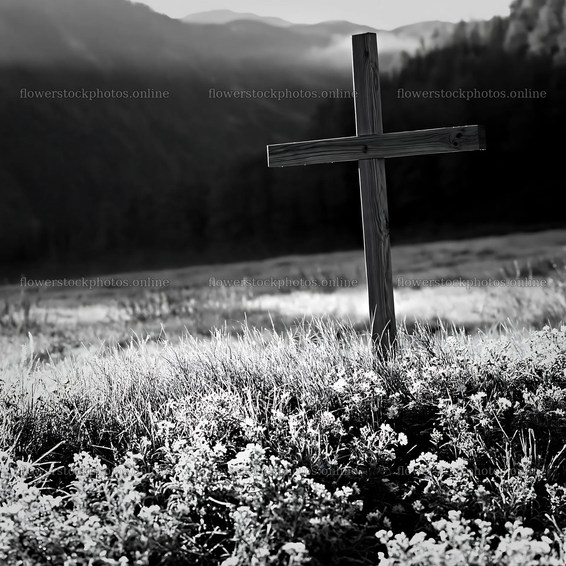 Wooden Christian cross in mountain meadow – flower stock photos 7938x7938
