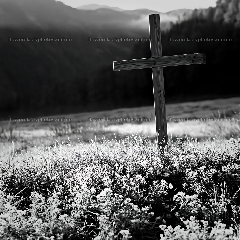 Wooden Christian cross in mountain meadow – flower stock photos 7938x7938