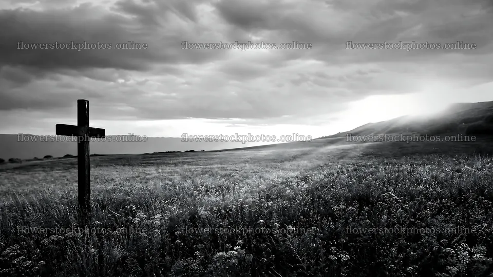 Christian cross in meadow with light rays in the background – flower stock photos 10584x5952