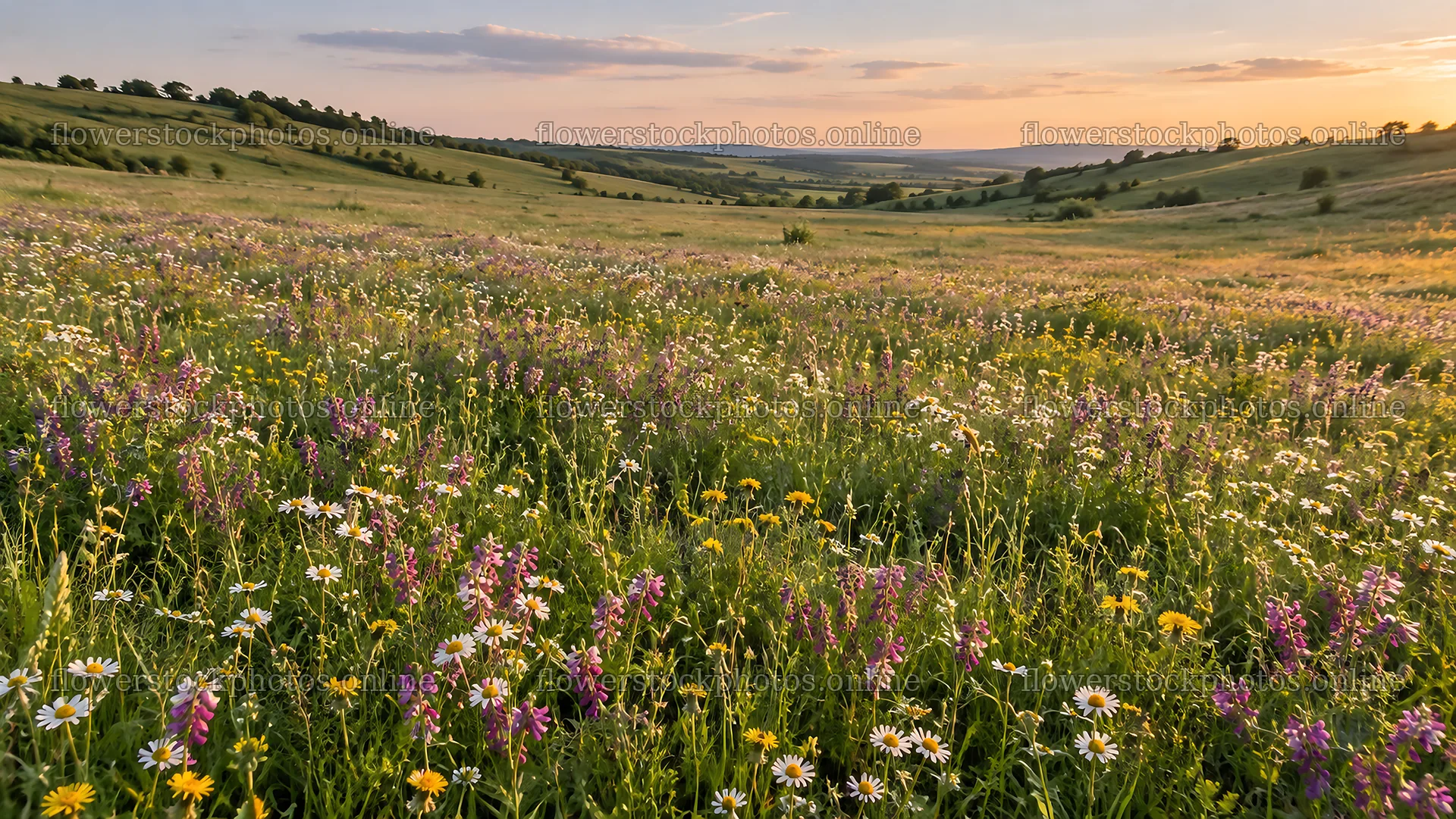 Wildflower Meadow Across Rolling Hills at Sunset – flower stock photos 10324x5812