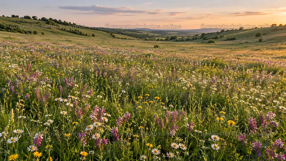 Wildflower Meadow Across Rolling Hills at Sunset – flower stock photos 10324x5812