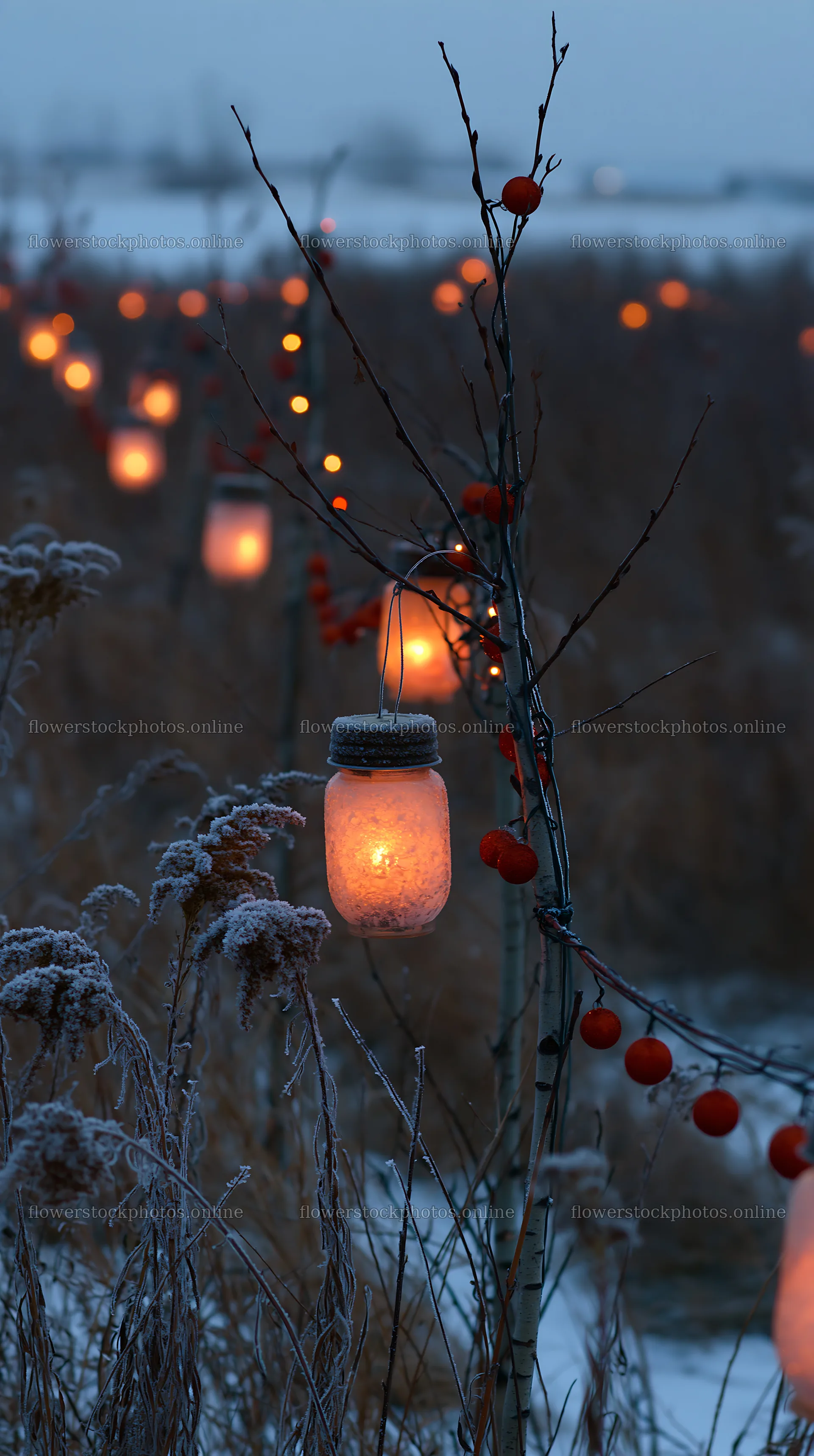 Vast Christmas meadow with frost seedheads and lanterns – flower stock photos 5938x10608