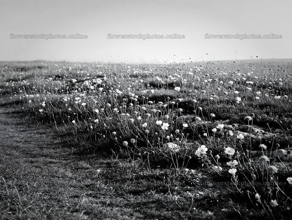 Sunny chalk meadow with wildflowers and clear sky – flower stock photos 9134x6898