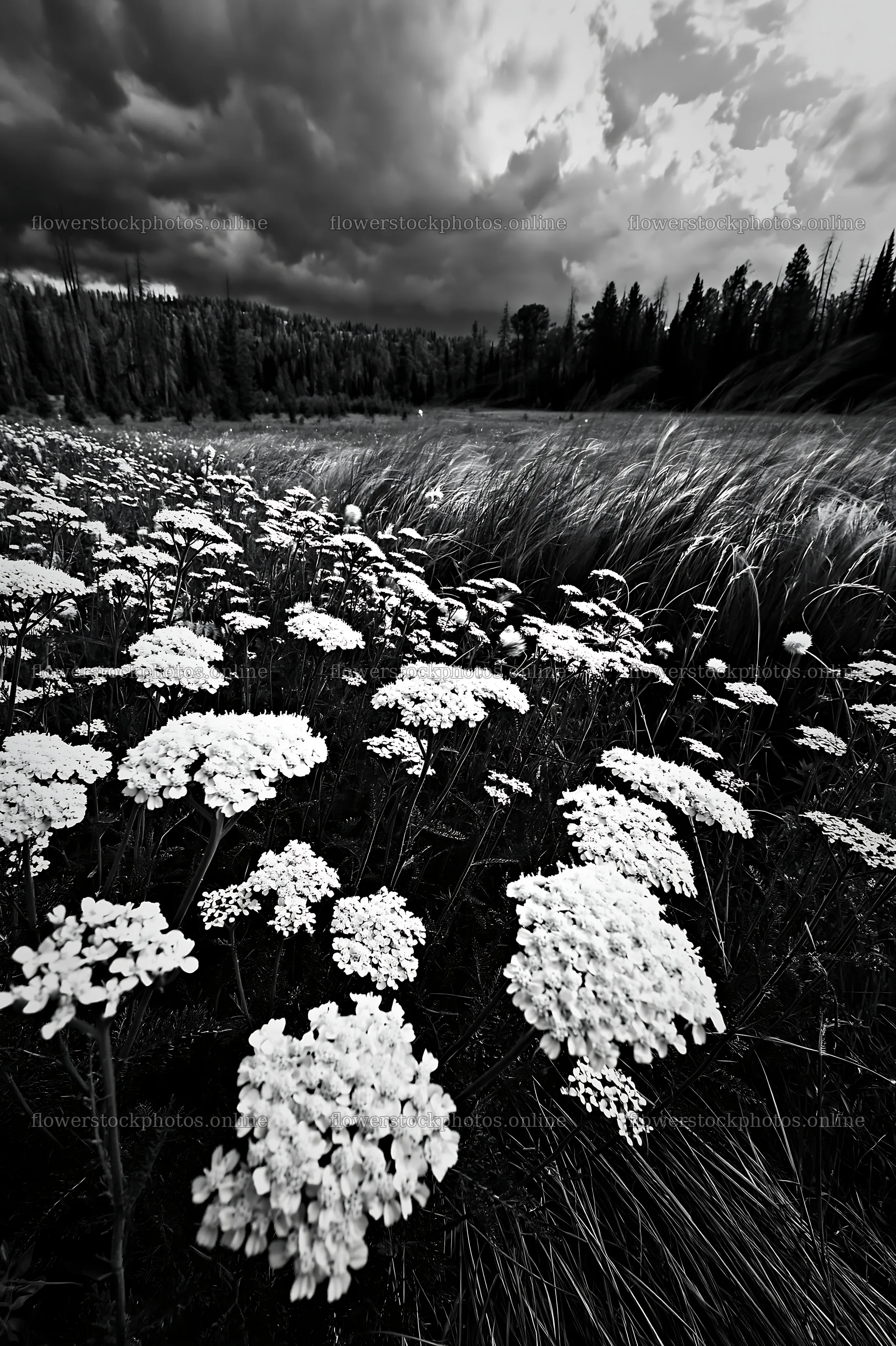 Yarrow meadow in a field under a cloudy sky – flower stock photos 6480x9722