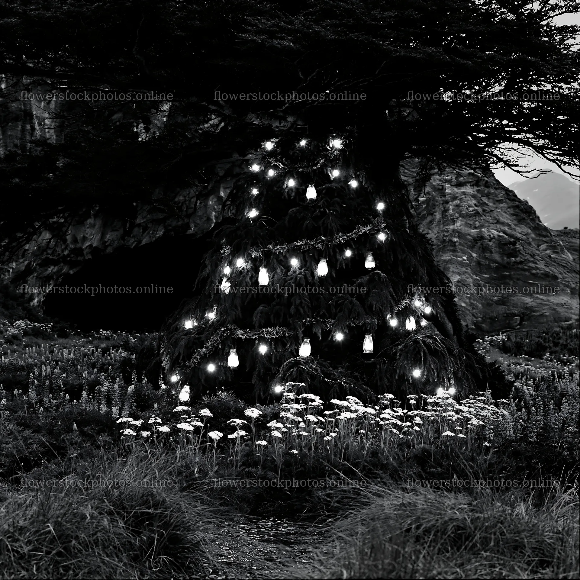 Christmas tree with lanterns in meadow near cave – flower stock photos 7938x7938