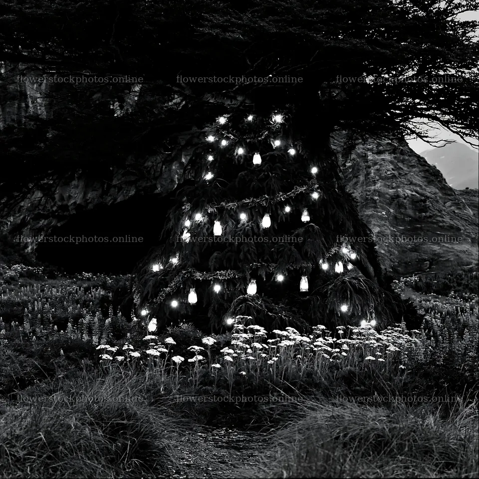 Christmas tree with lanterns in meadow near cave – flower stock photos 7938x7938