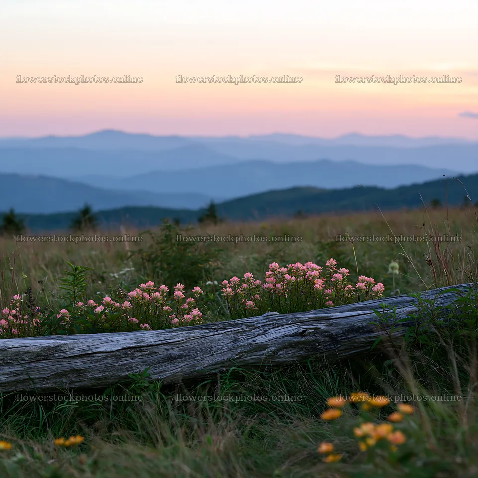 Weathered log in a meadow with flowers and mountains – flower stock photos 7938x7938
