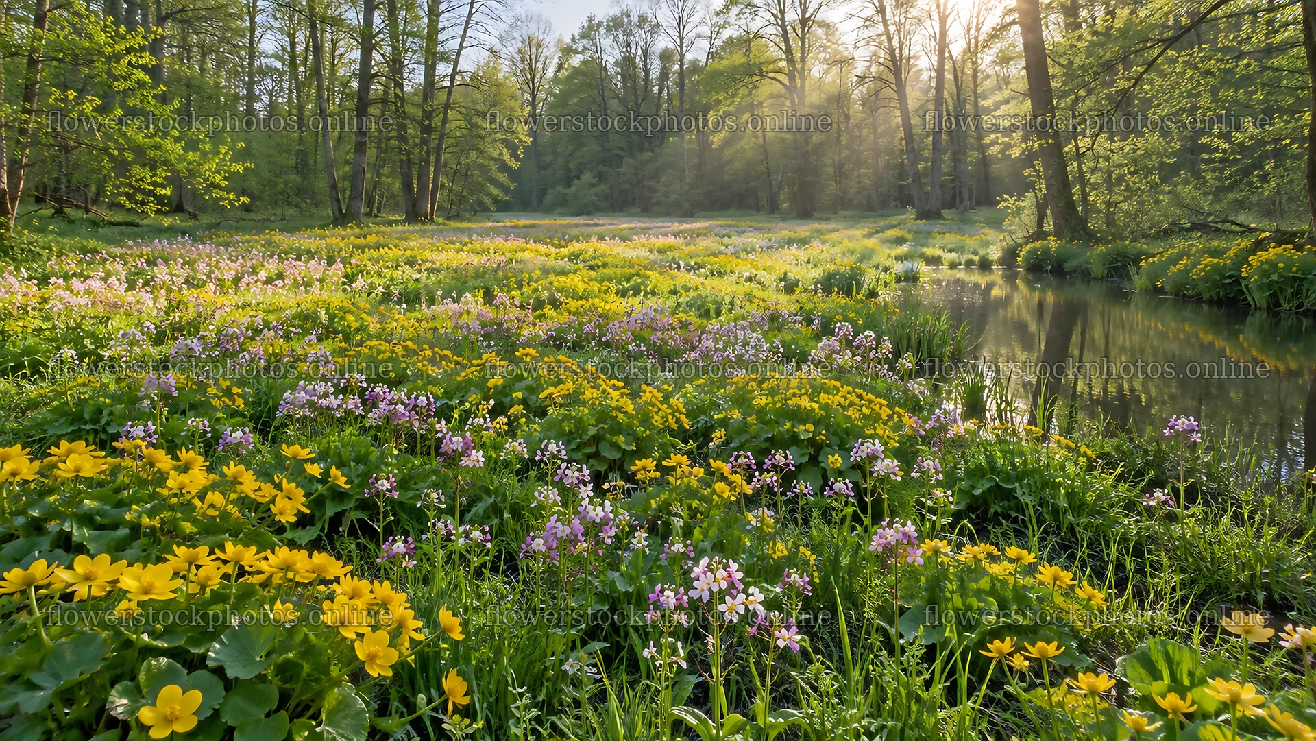 Sunbeams over a flower-filled forest clearing – flower stock photos 10324x5812