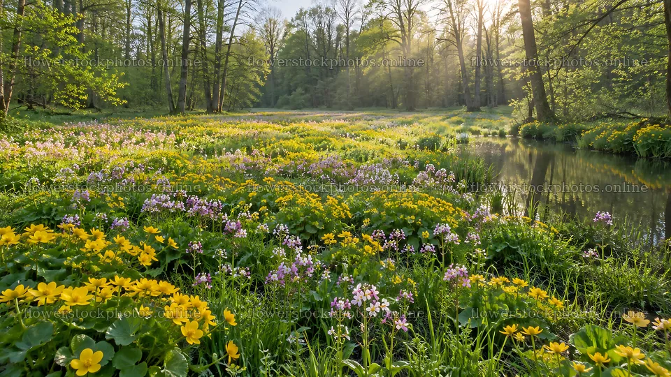 Sunbeams over a flower-filled forest clearing – flower stock photos 10324x5812