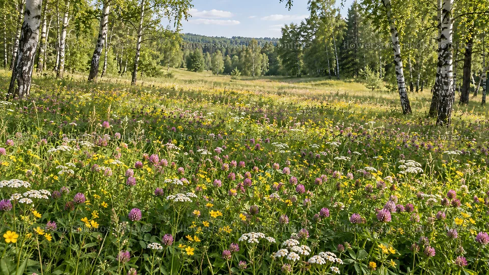 Sunlit Wildflower Meadow in a Birch Forest – flower stock photos 10324x5812