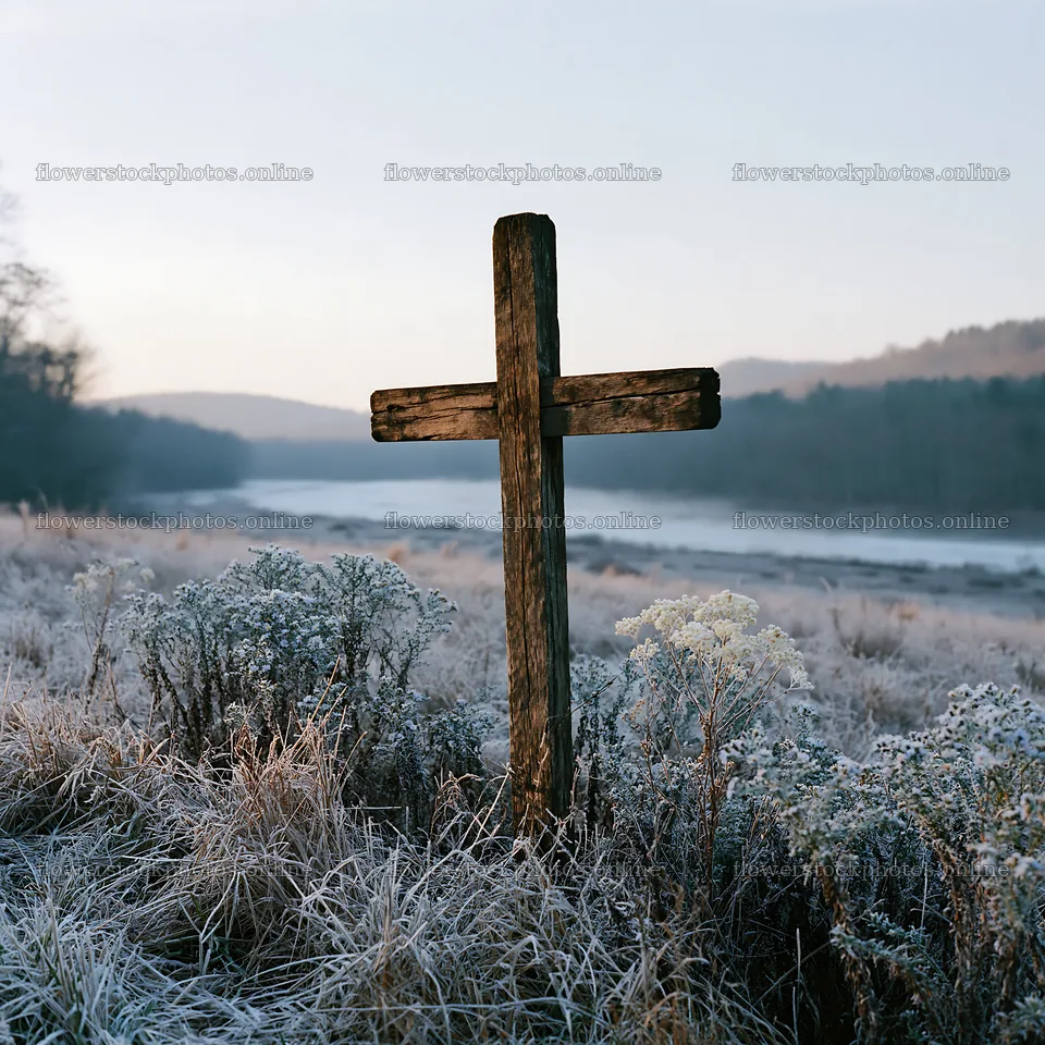 Christian cross on frost covered meadow in winter morning – flower stock photos 7938x7938
