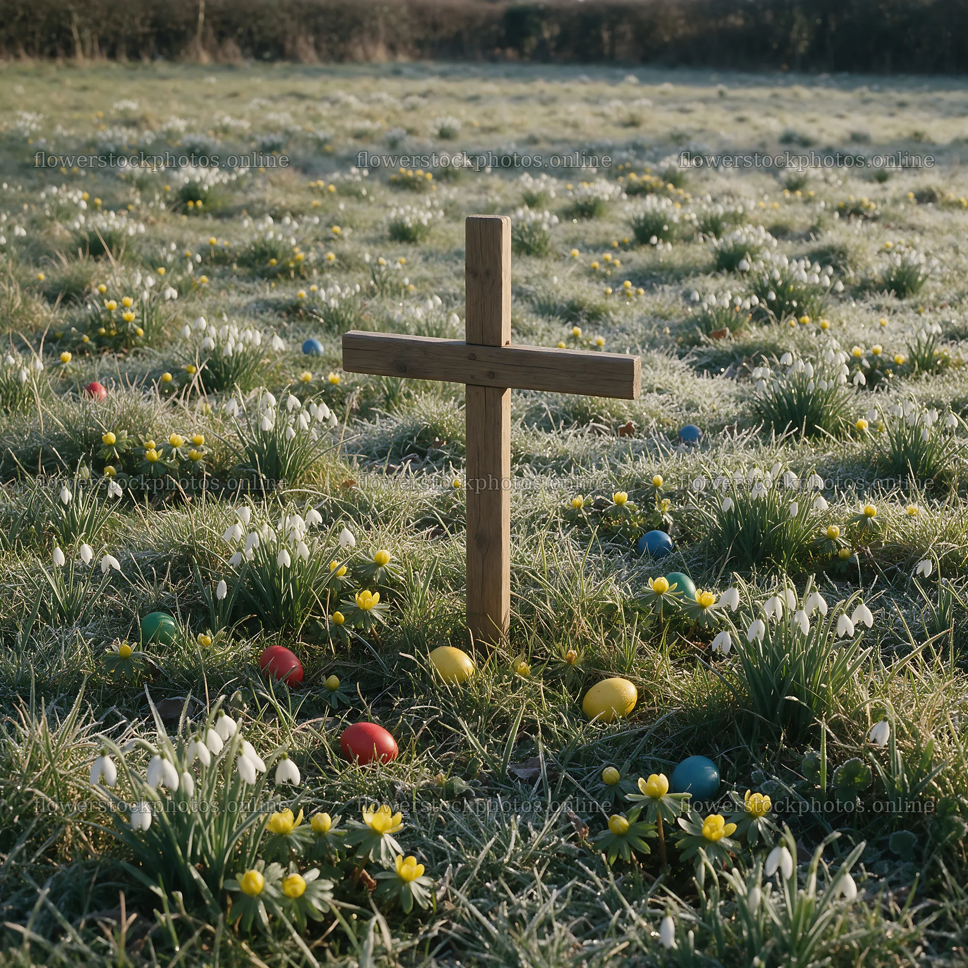 Christian cross in winter meadow with eggs and light rays – flower stock photos 7938x7938