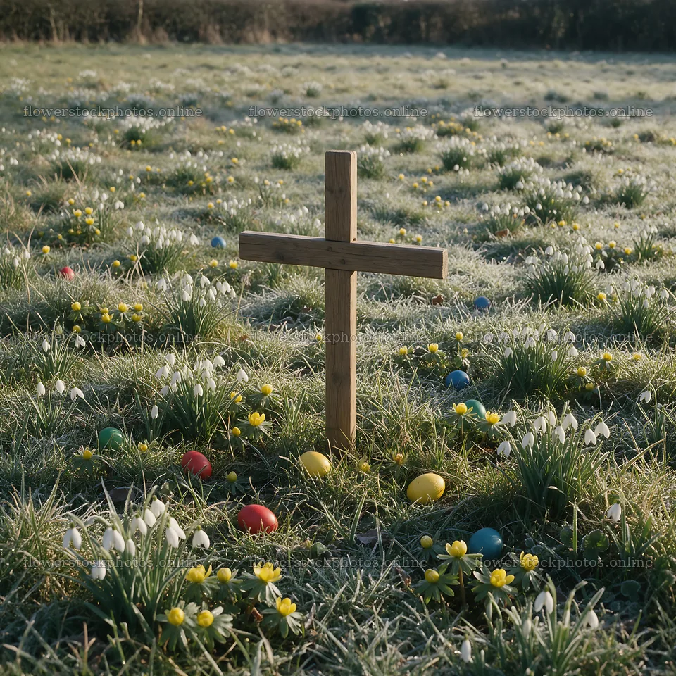 Christian cross in winter meadow with eggs and light rays – flower stock photos 7938x7938