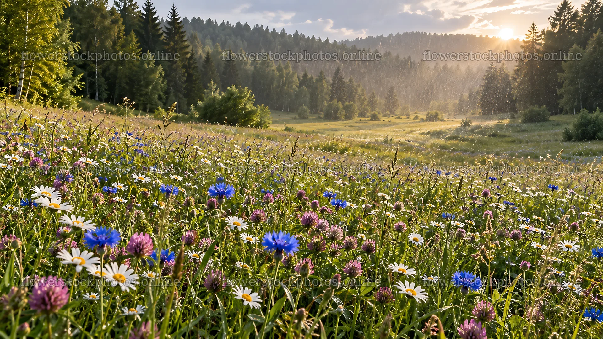 Wildflower Meadow in a Sunlit Forest Clearing – flower stock photos 10324x5812