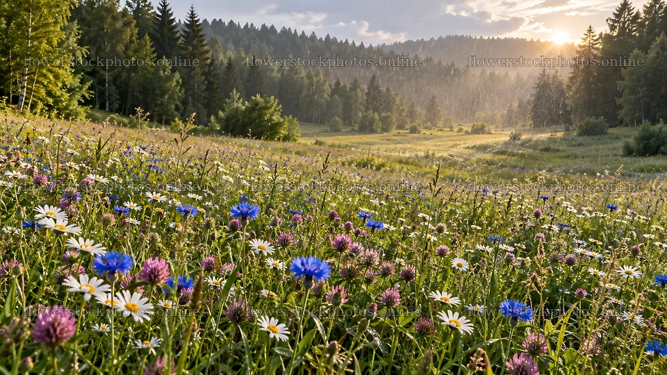 Wildflower Meadow in a Sunlit Forest Clearing – flower stock photos 10324x5812
