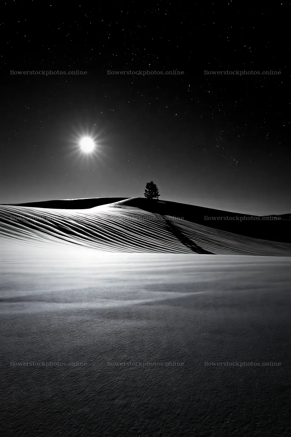 Snow covered Biei hills under moonlight – flower stock photos 6480x9722