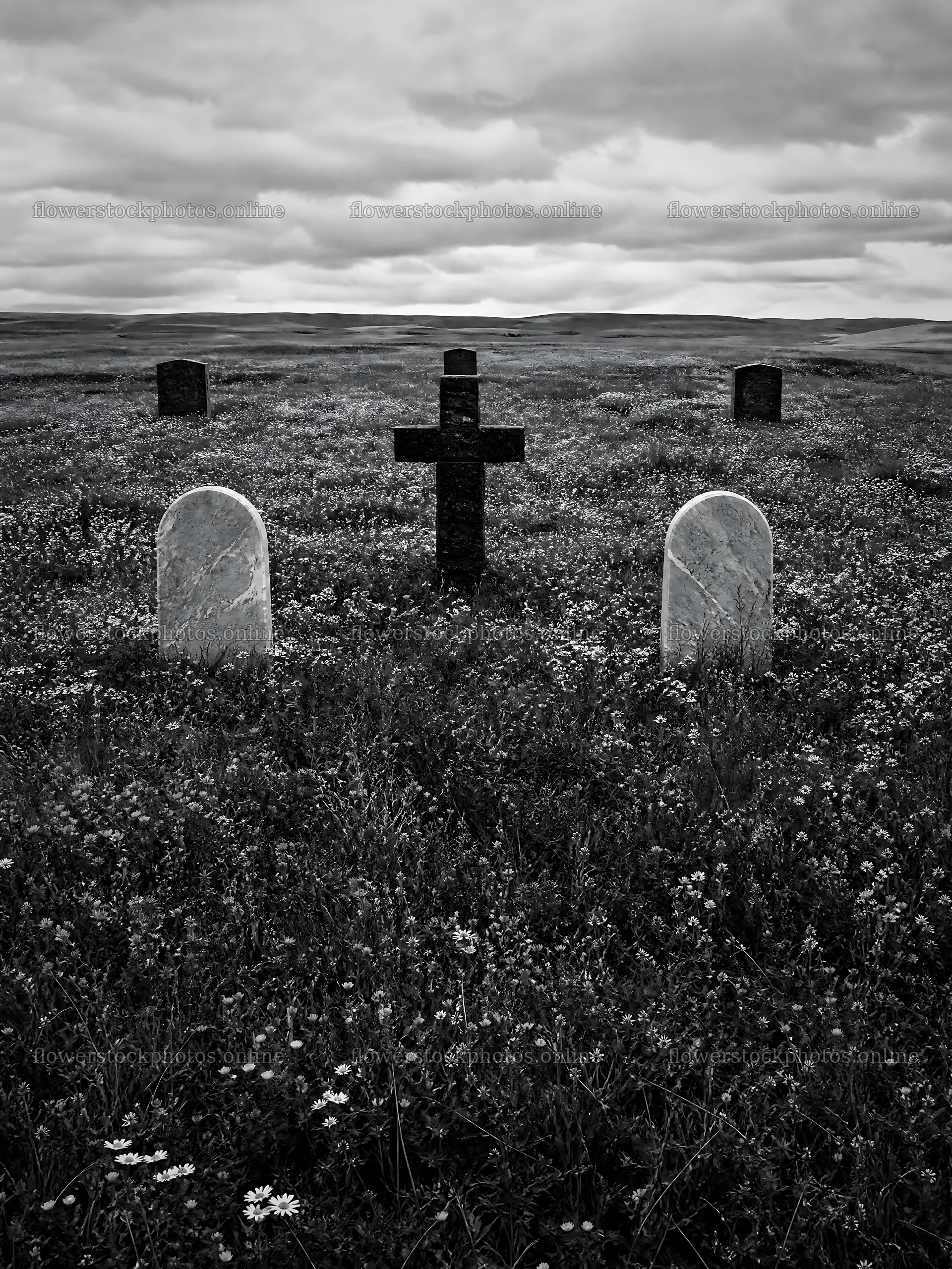 Dark Christian cross in summer meadow with gravestones – flower stock photos 6874x9166