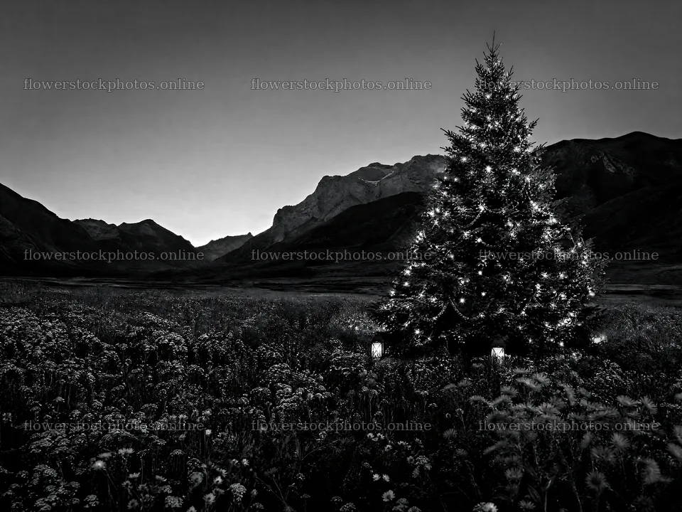 Christmas tree in mountain valley meadow at dusk – flower stock photos 9166x6874