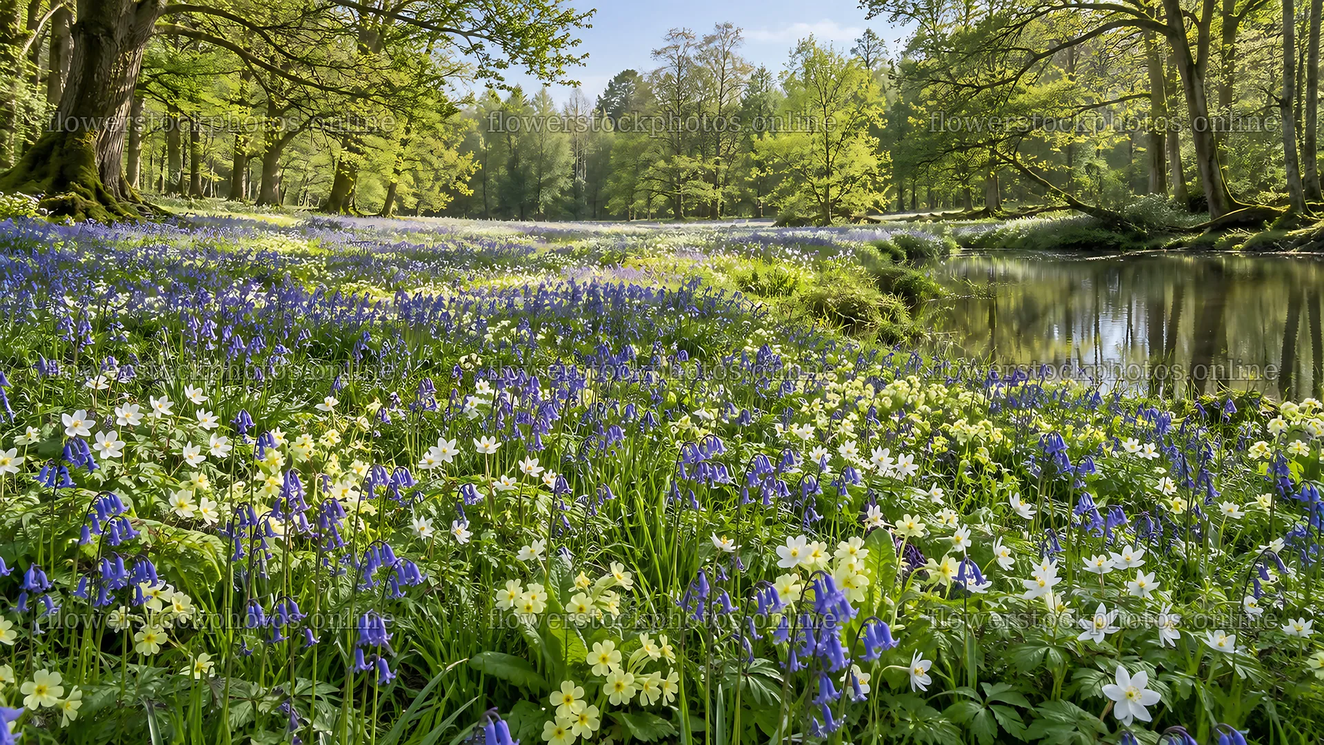 Spring Wildflowers Beside a Woodland Pond – flower stock photos 10324x5812