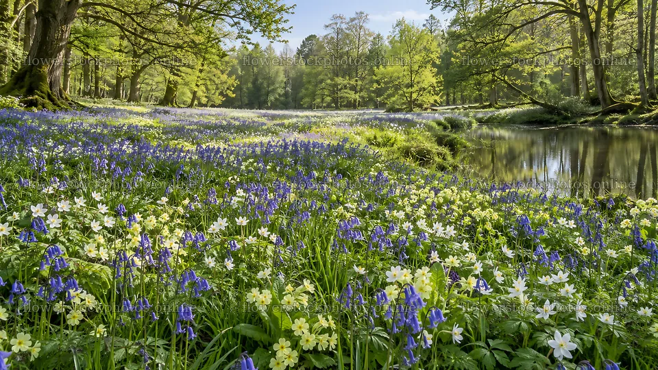 Spring Wildflowers Beside a Woodland Pond – flower stock photos 10324x5812
