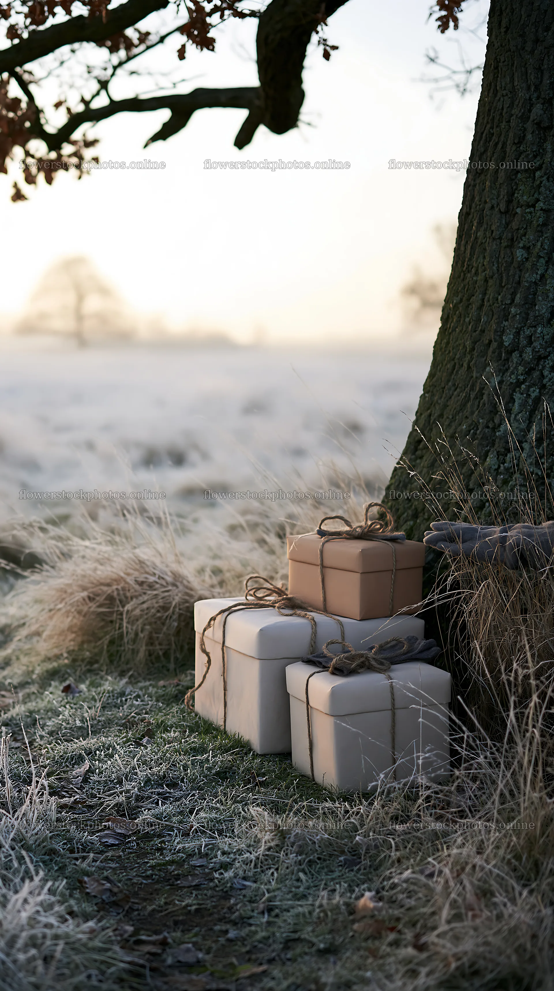 Presents placed near a tree in a frosty meadow – flower stock photos 5938x10608