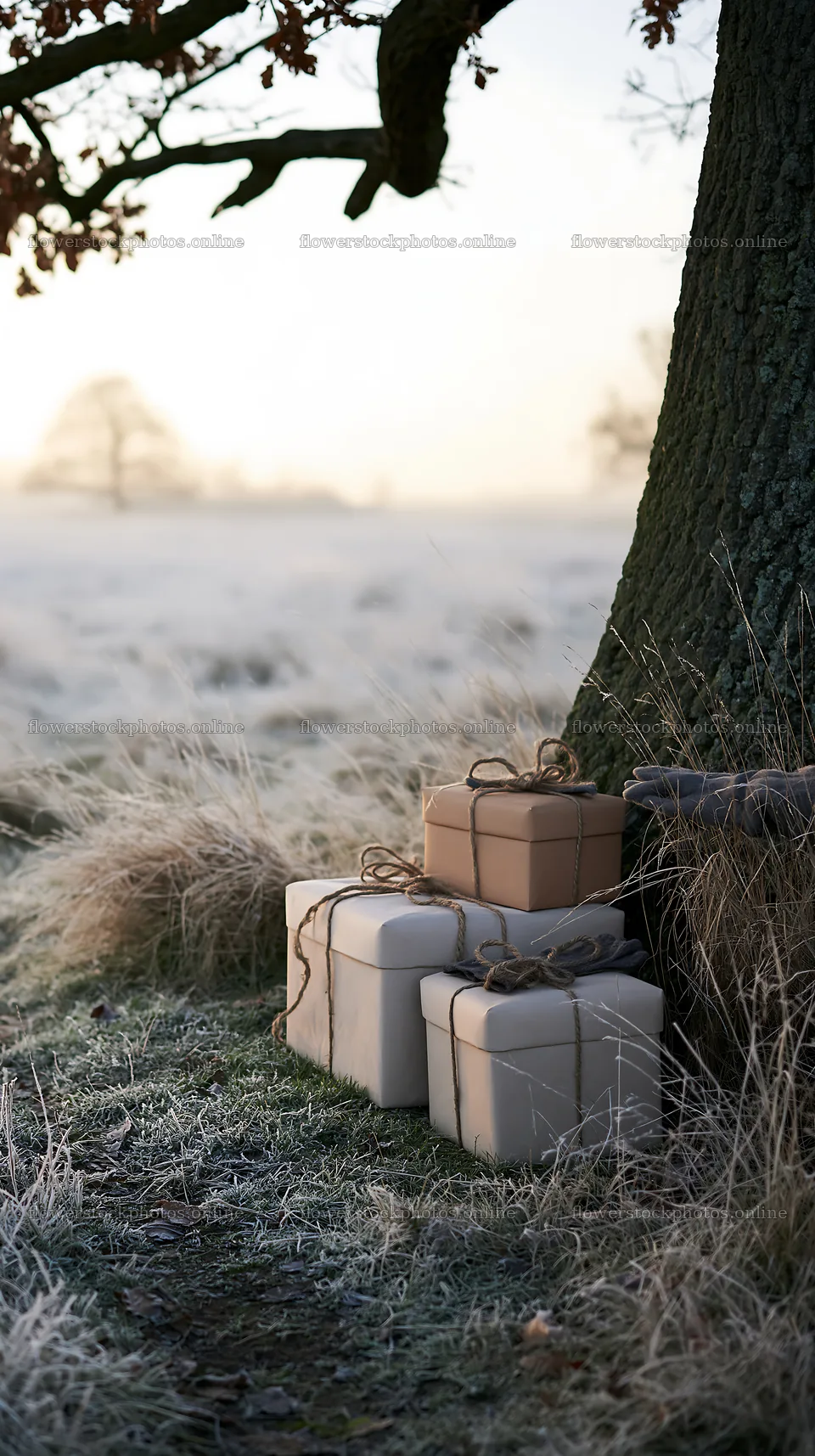 Presents placed near a tree in a frosty meadow – flower stock photos 5938x10608