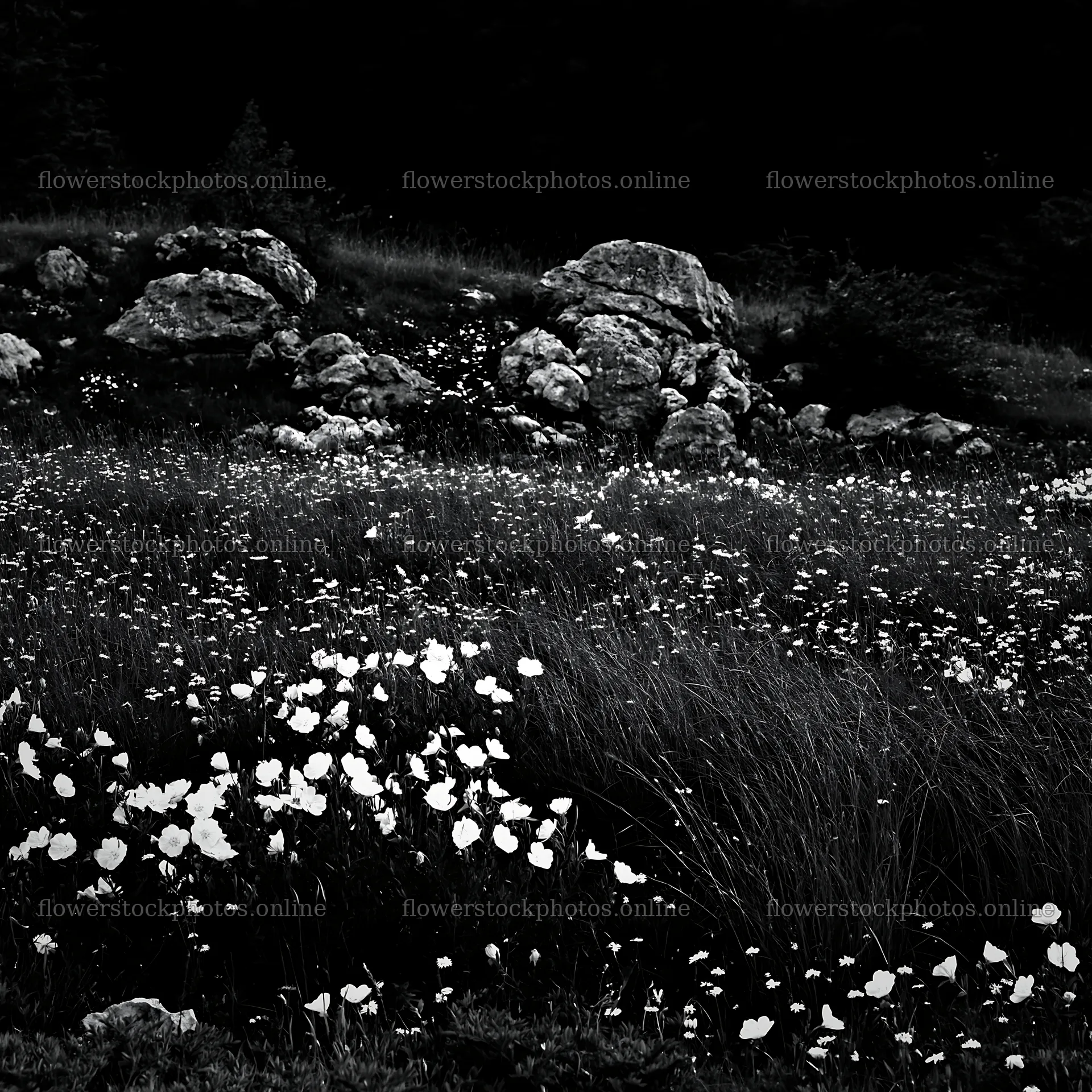 Night-blooming meadow with rocks under dark sky – flower stock photos 7938x7938