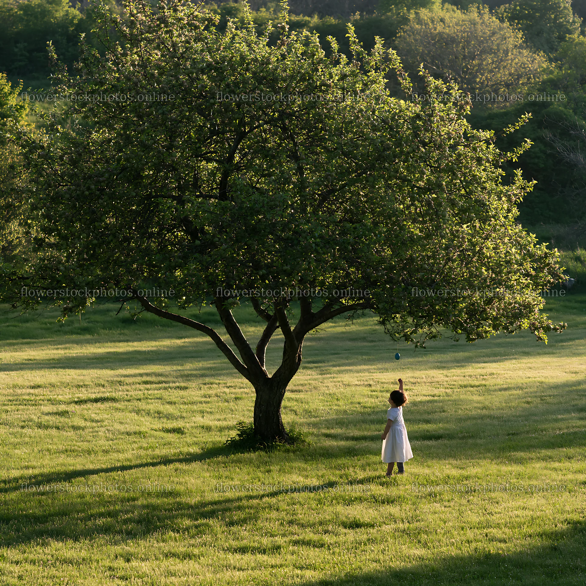 Easter apple tree in a field with a person standing nearby – flower stock photos 7938x7938