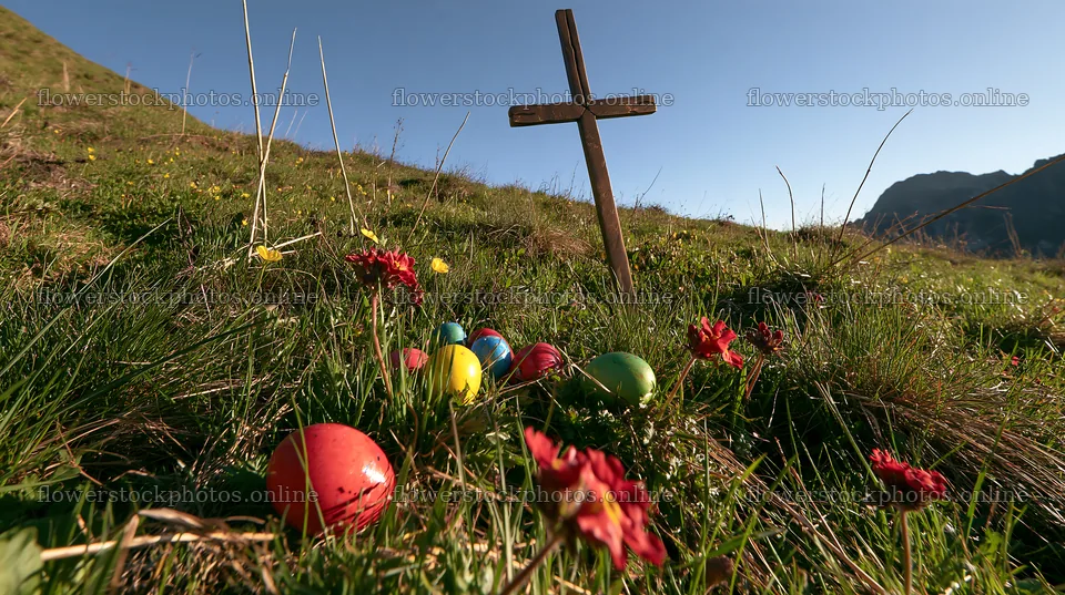 Bronze Christian cross in a Christmas meadow with colorful eggs – flower stock photos 10608x5938