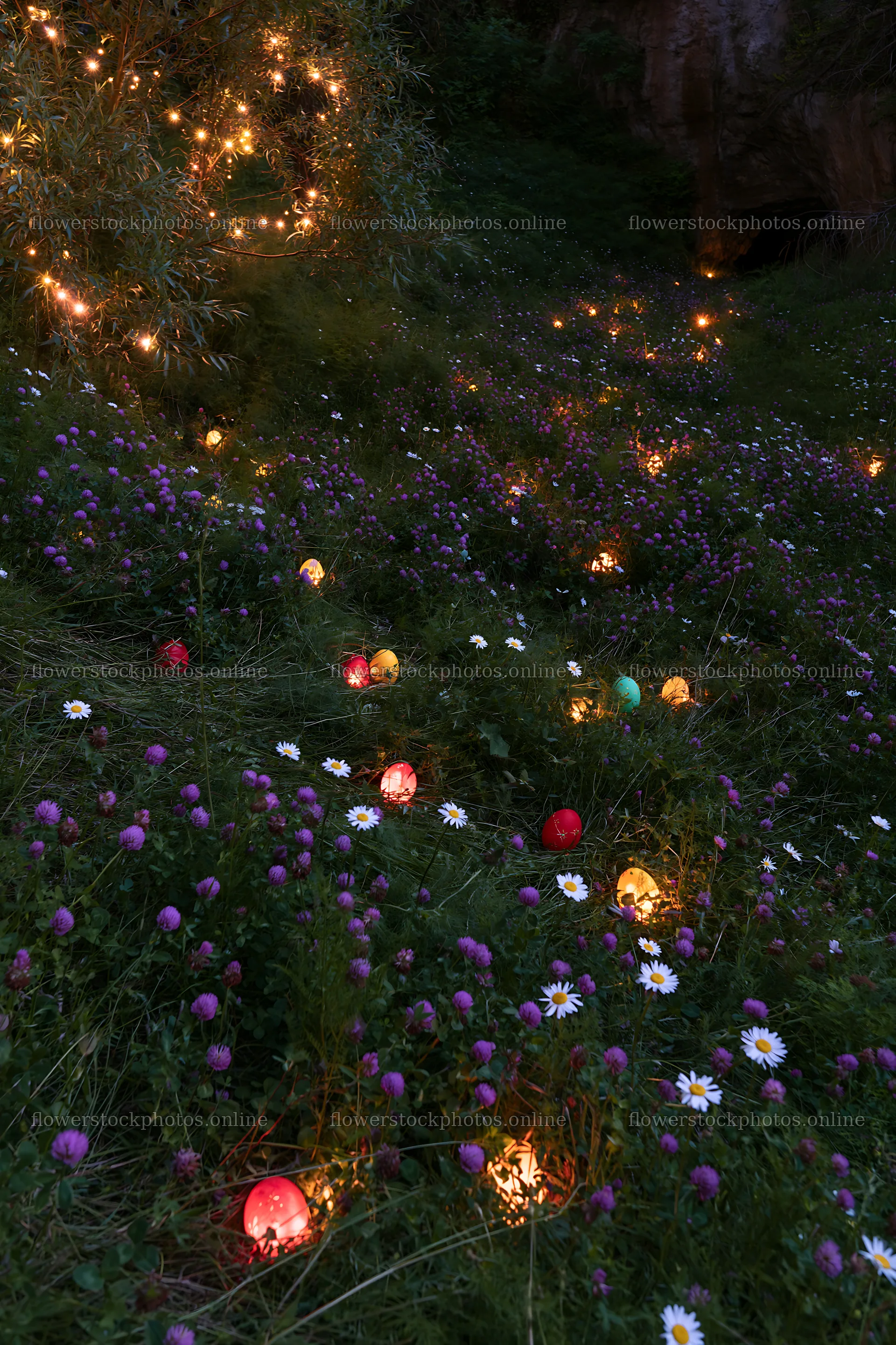 Dusk lighting from lanterns in meadow by cave – flower stock photos 6480x9722