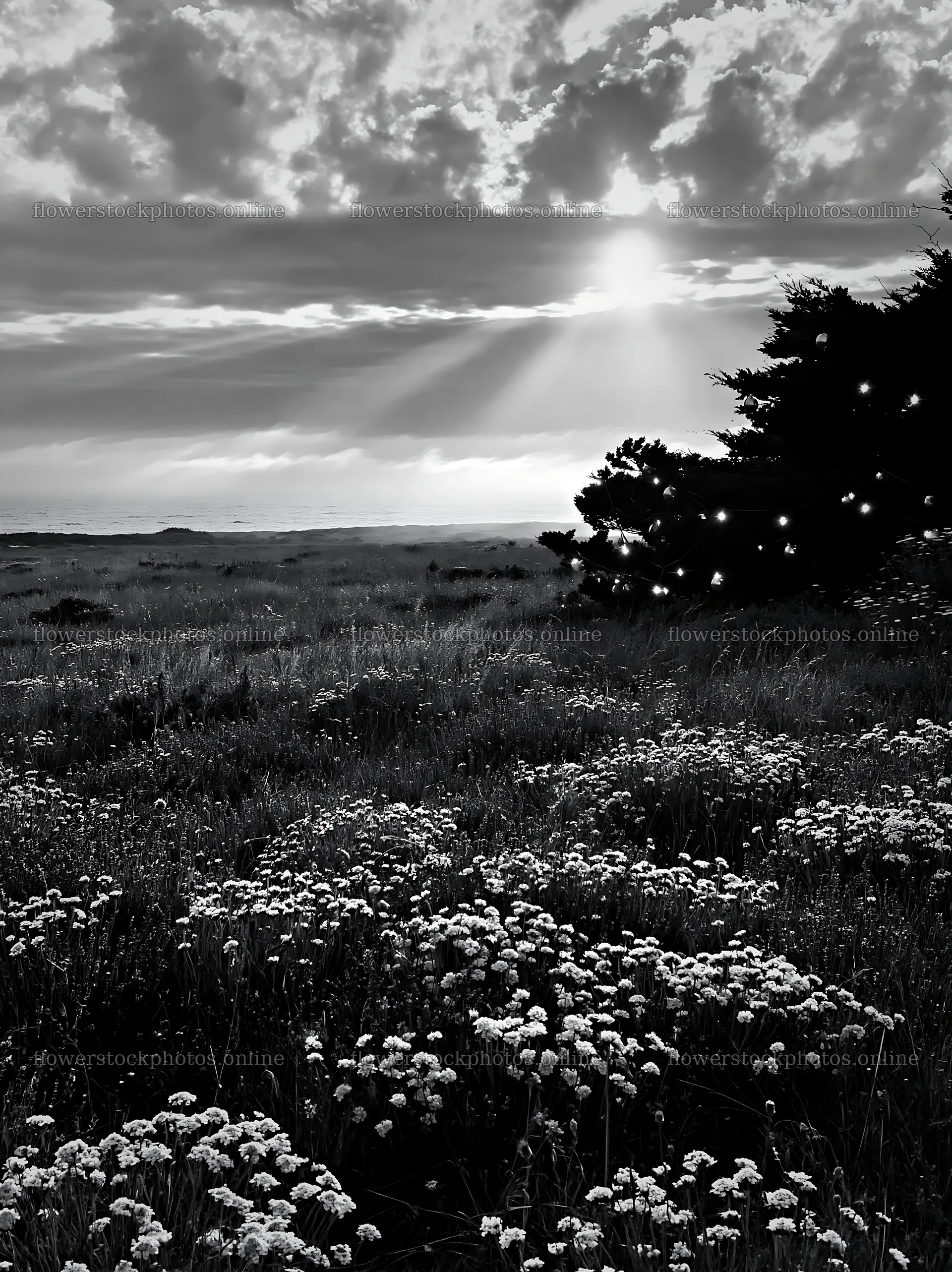 Meadow with Christmas lights under cloudy sky and sun rays – flower stock photos 6866x9174