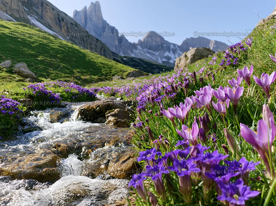 Spring meadow with flowers and stream in mountain landscape – flower stock photos 9174x6866