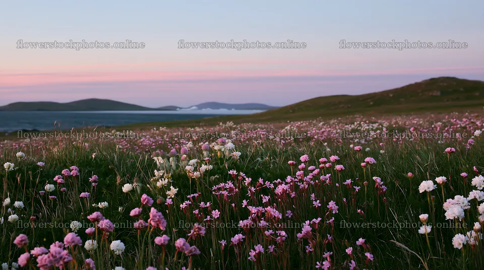 Clifftop meadow filled with wildflowers at sunset – flower stock photos 10608x5938