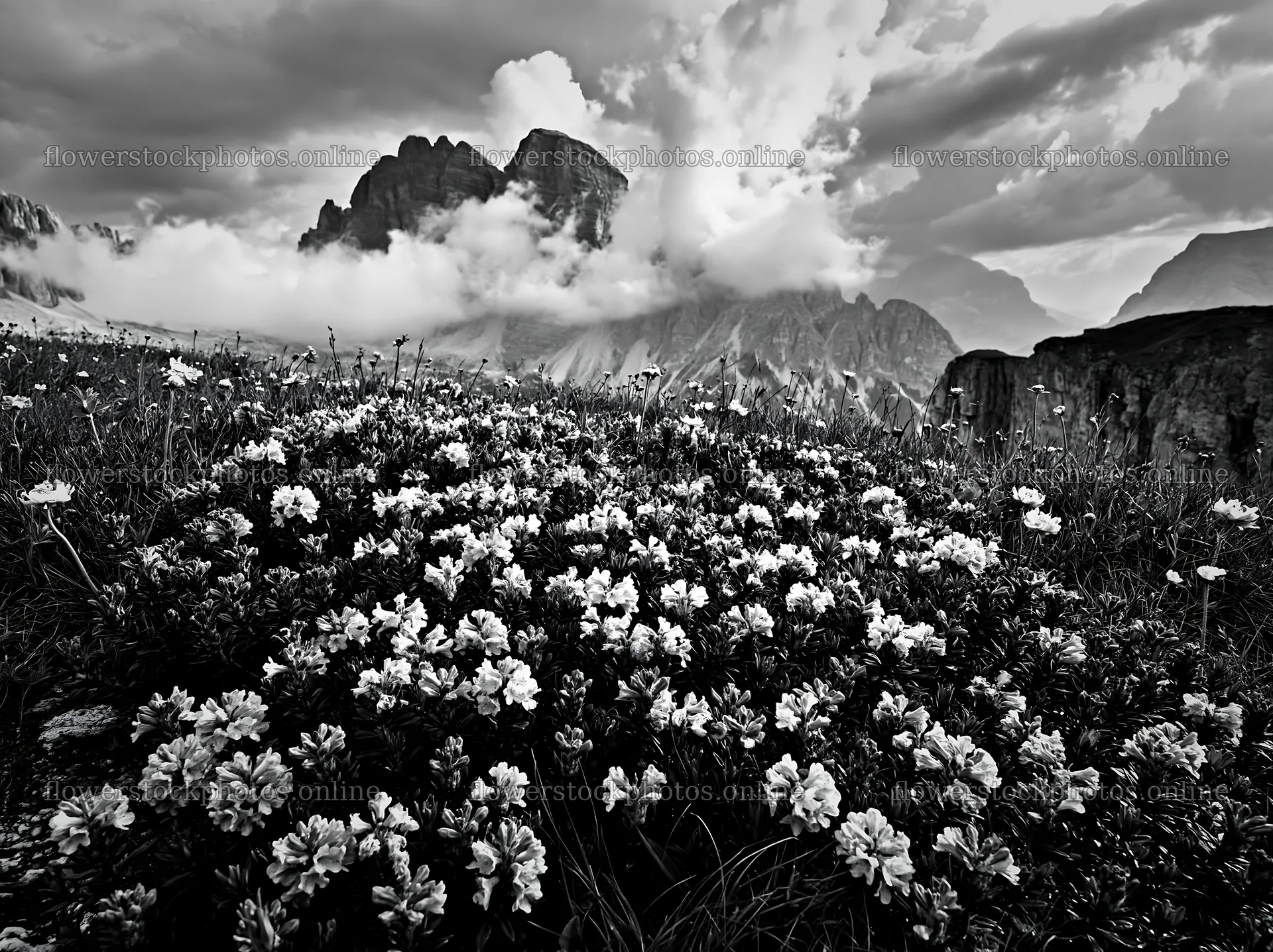 Clifftop meadow with flowers and mountains in black and white – flower stock photos 9174x6866