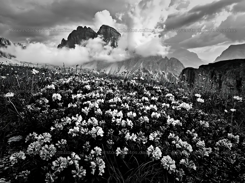 Clifftop meadow with flowers and mountains in black and white – flower stock photos 9174x6866