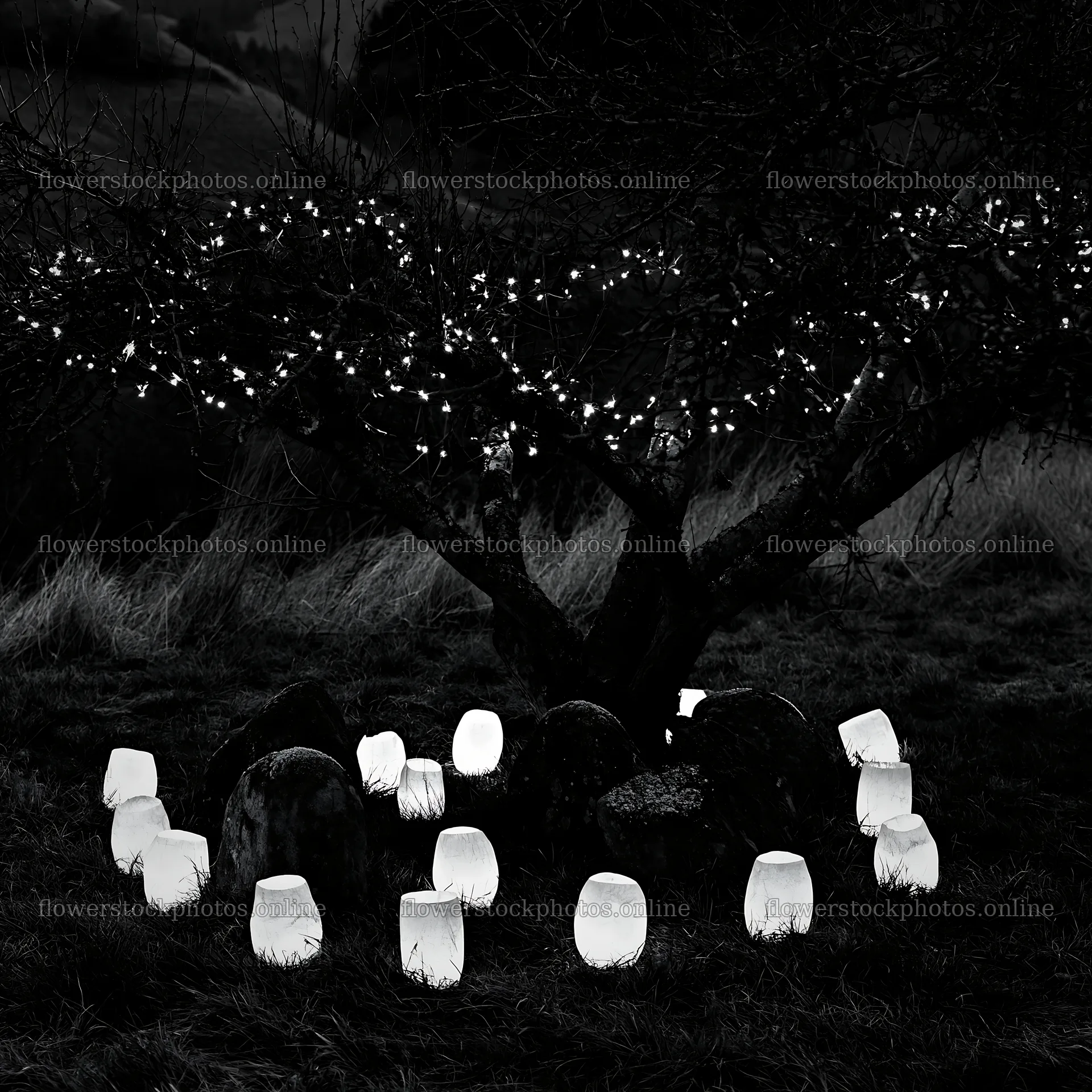 Christmas apple tree with lanterns and stones in meadow – flower stock photos 7938x7938