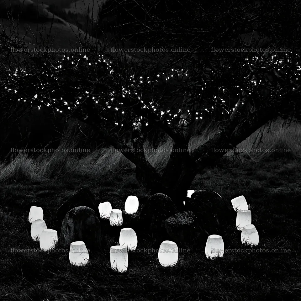 Christmas apple tree with lanterns and stones in meadow – flower stock photos 7938x7938