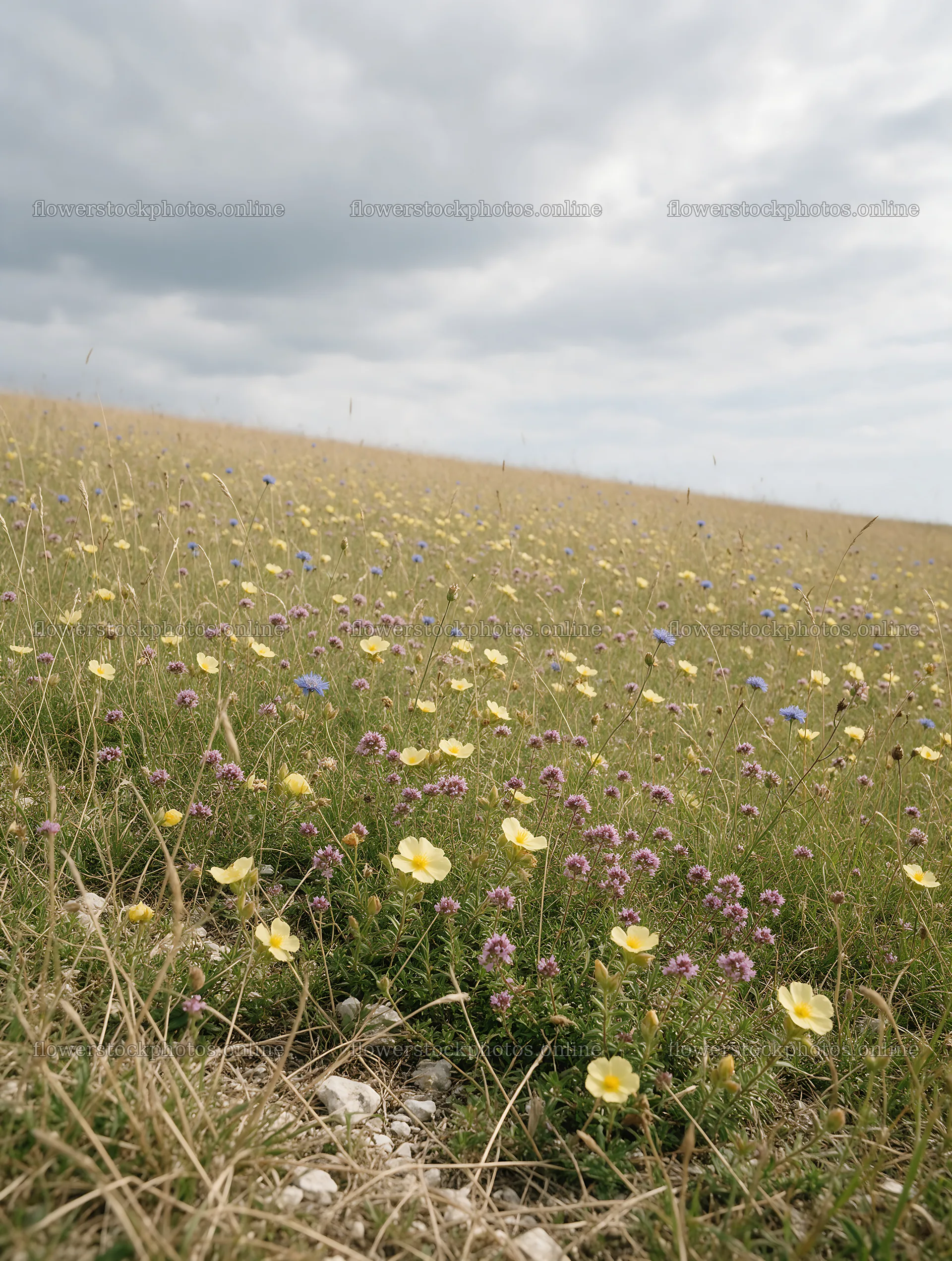 Cloudy dry flower meadow with various blooms in overcast weather – flower stock photos 6898x9134
