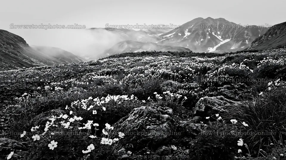 Toyama alpine meadow snowmelt rock foreground with flowers – flower stock photos 10608x5938
