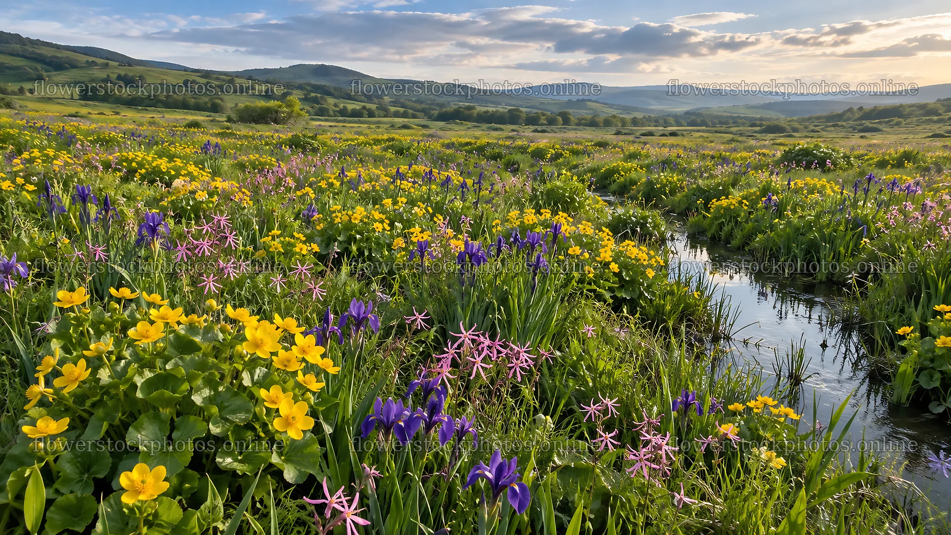Wildflower Meadow Beside a Stream at Sunset – flower stock photos 10324x5812