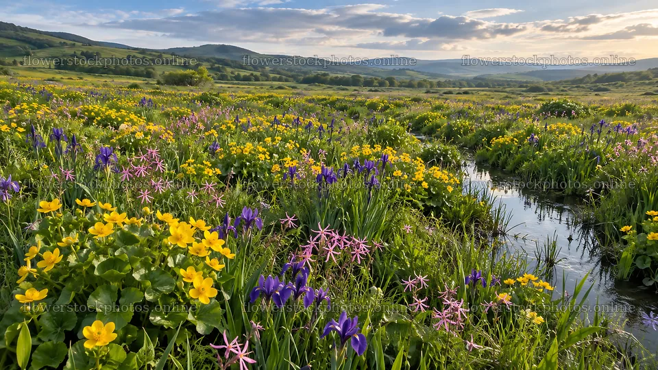 Wildflower Meadow Beside a Stream at Sunset – flower stock photos 10324x5812