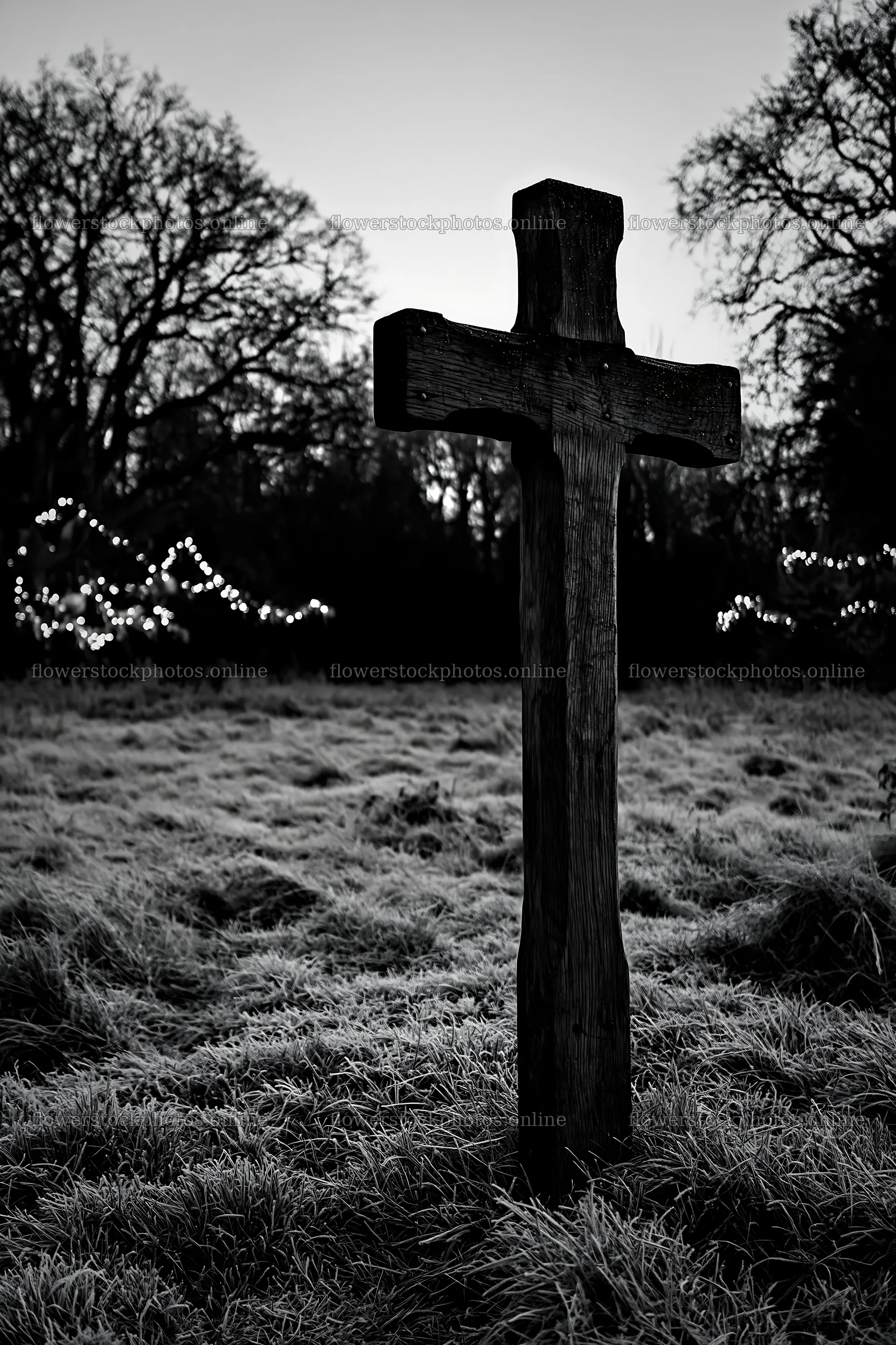 Carved oak cross stands in a frosted meadow at dusk – flower stock photos 6480x9722
