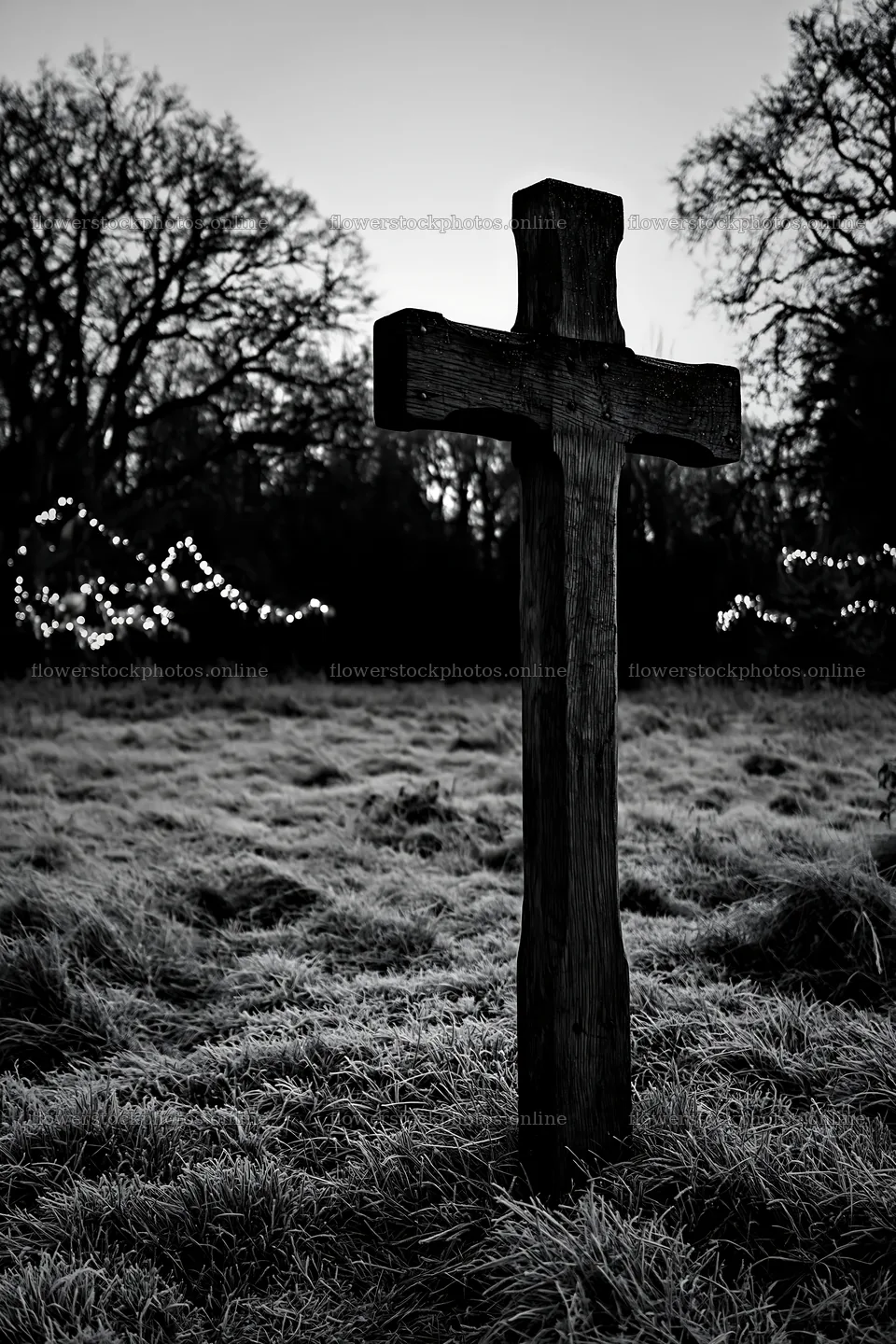 Carved oak cross stands in a frosted meadow at dusk – flower stock photos 6480x9722