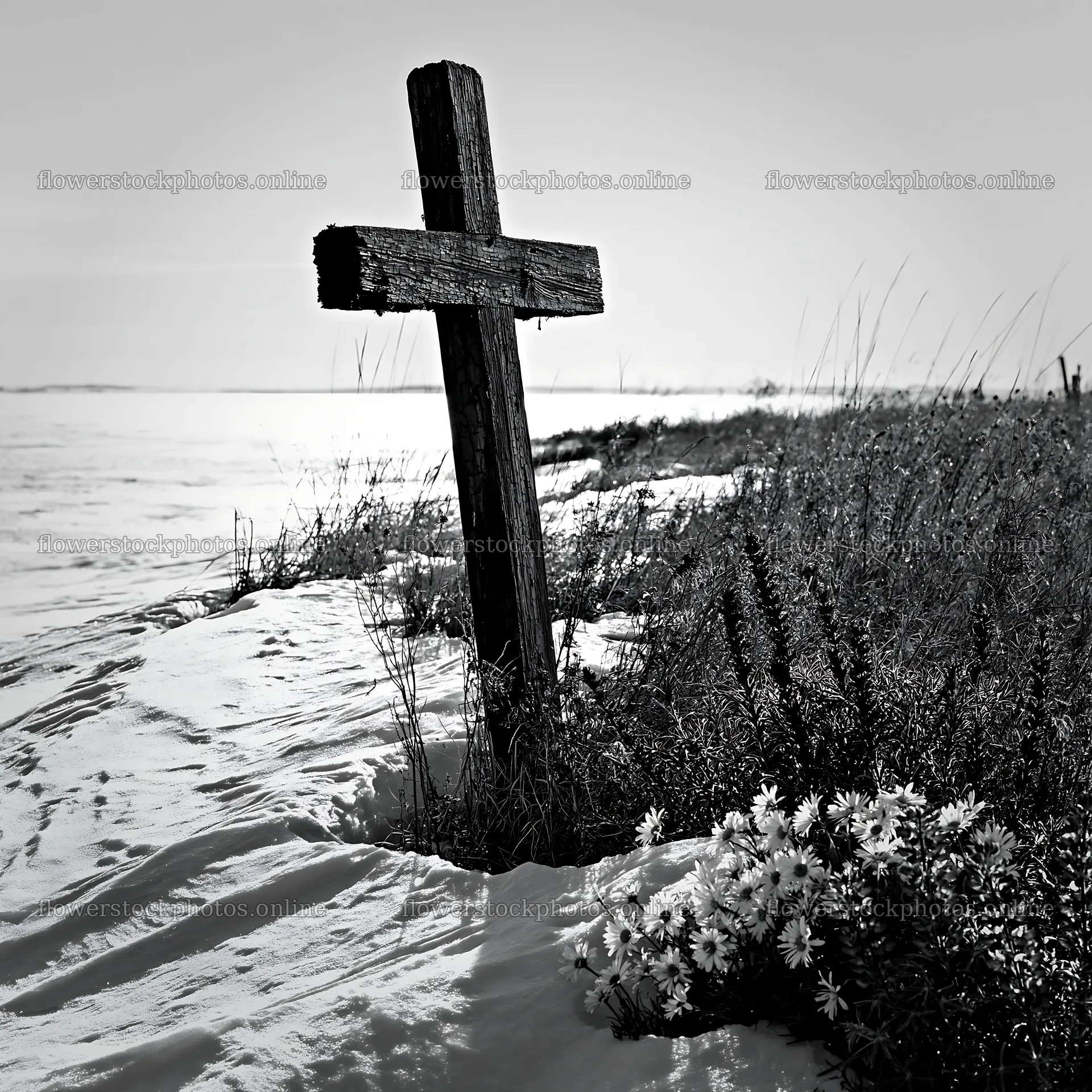 Weathered Christian cross among snow and flowers in a meadow – flower stock photos 7938x7938