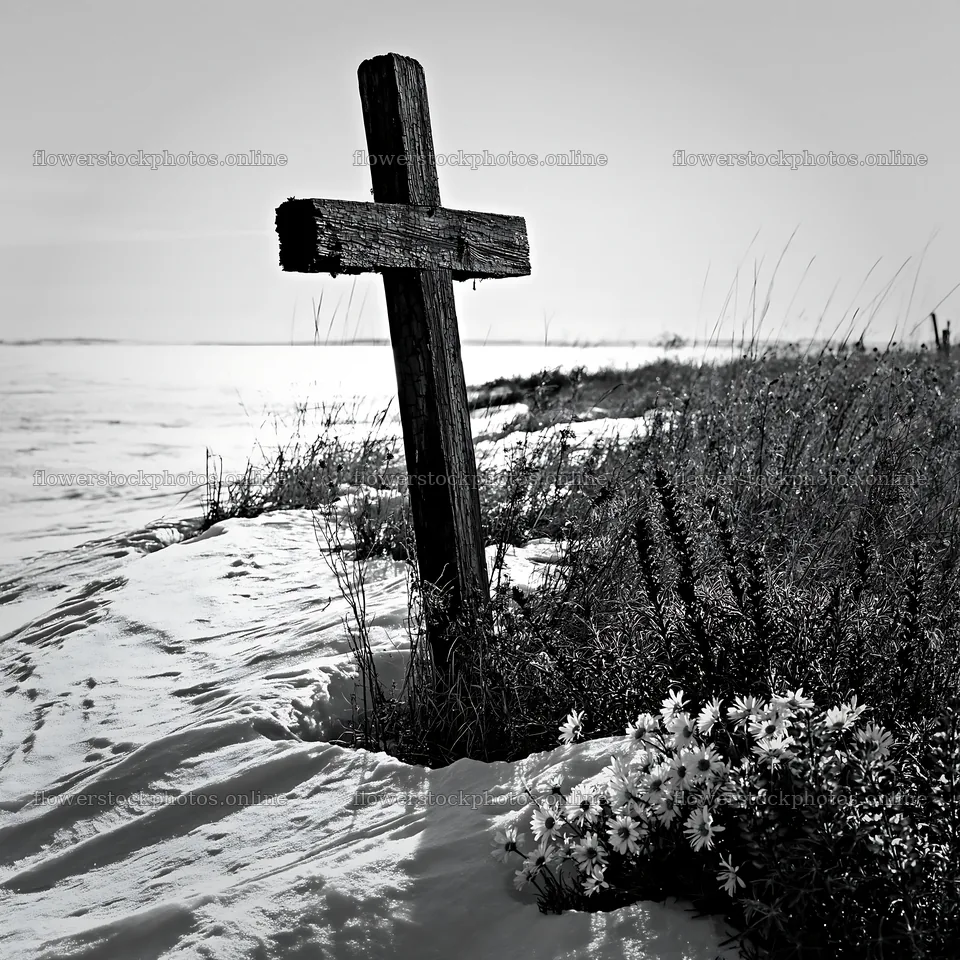 Weathered Christian cross among snow and flowers in a meadow – flower stock photos 7938x7938