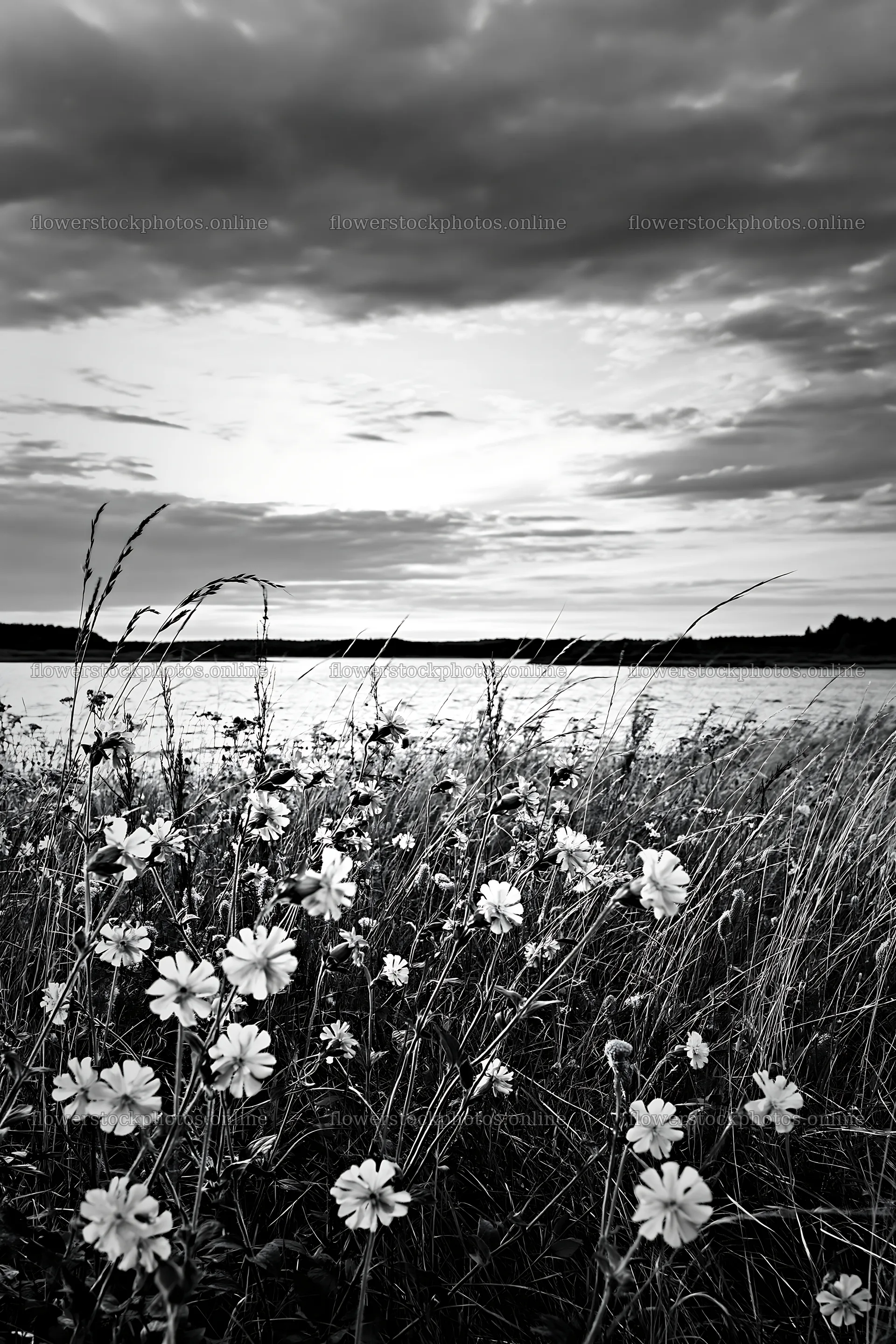 German lakeside meadow with flowers and cloudy sky – flower stock photos 6480x9722