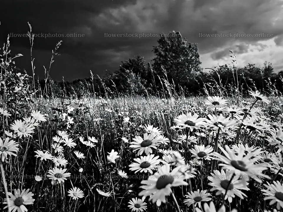 Daisies in a meadow under a dark sky – flower stock photos 9174x6866